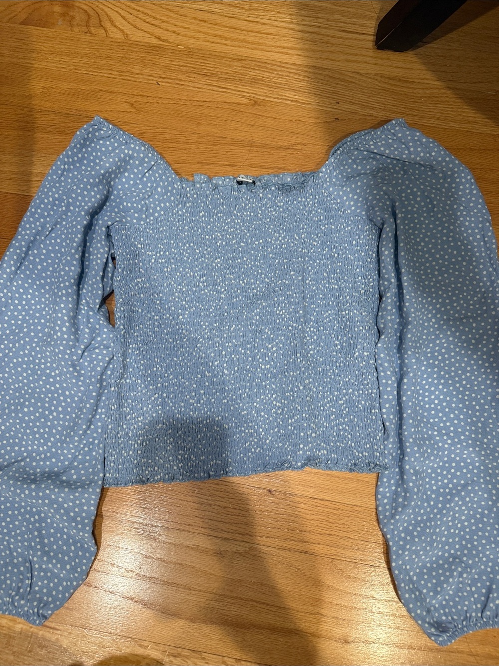 American Eagle Outfitters Light Blue Polka Dot Smocked Square-Neck Top